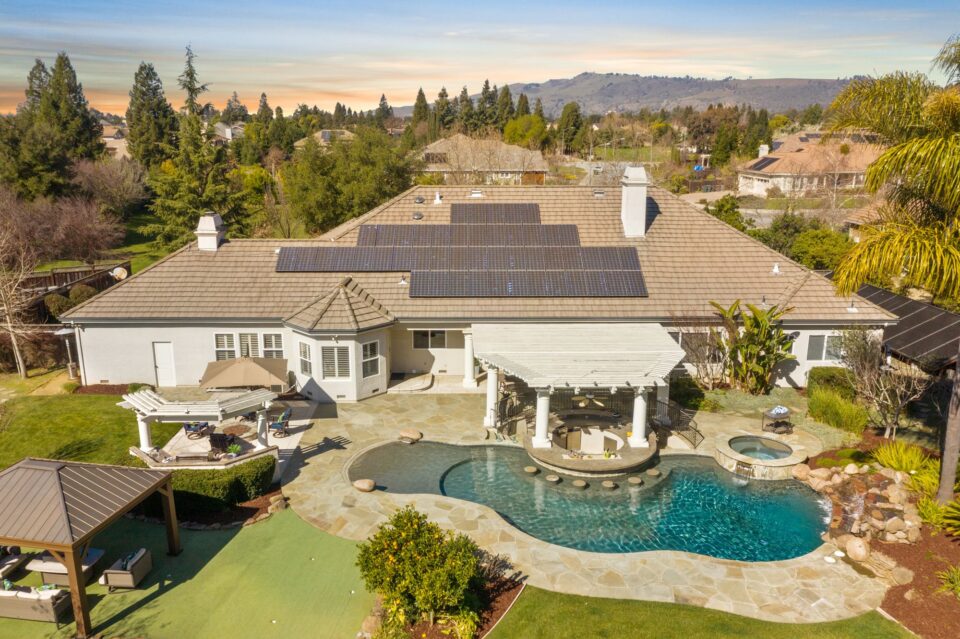 birds eye view of mansion property using drone photography