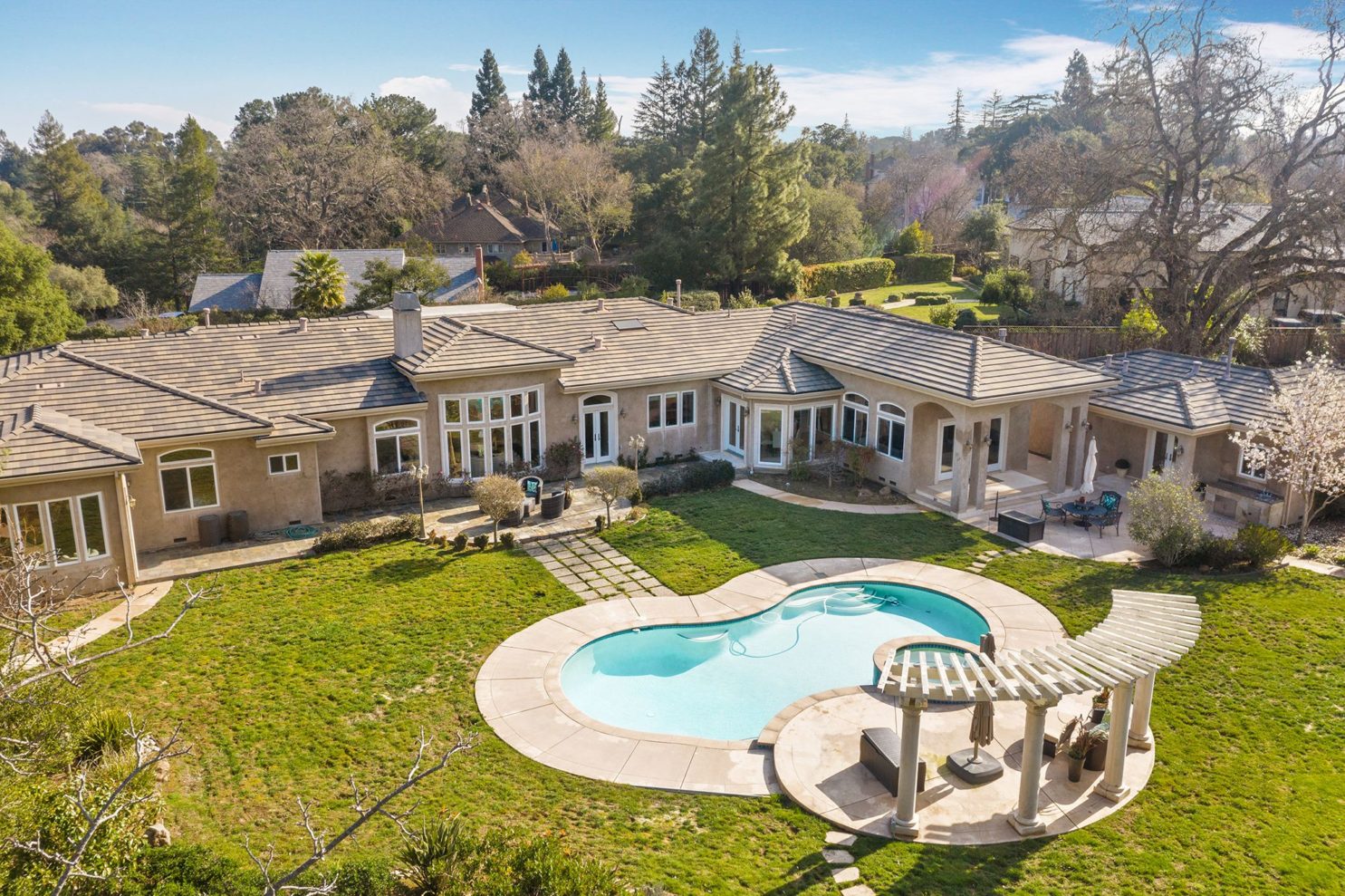 Drone photograph of the front of the home